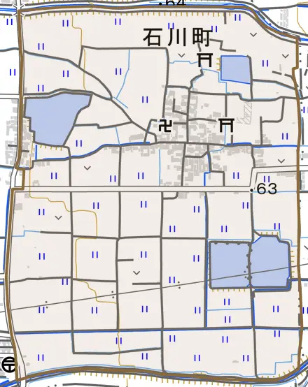 石川町とその周辺の地図。町の範囲を重ねている