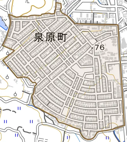 泉原町とその周辺の地図。町の範囲を重ねている