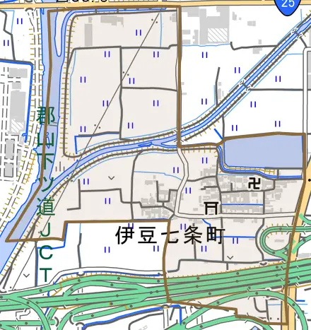 伊豆七条町とその周辺の地図。町の範囲を重ねている
