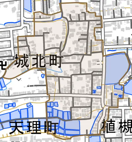 城北町とその周辺の地図。町の範囲を重ねている