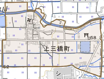 上三橋町とその周辺の地図。町の範囲を重ねている