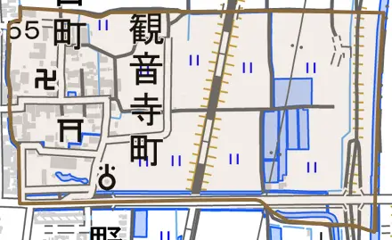 観音寺町とその周辺の地図。町の範囲を重ねている