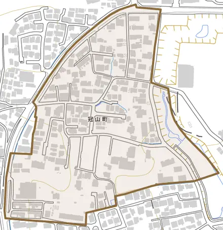 冠山町とその周辺の地図。町の範囲を重ねている