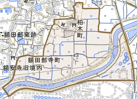 柏木町とその周辺の地図。町の範囲を重ねている