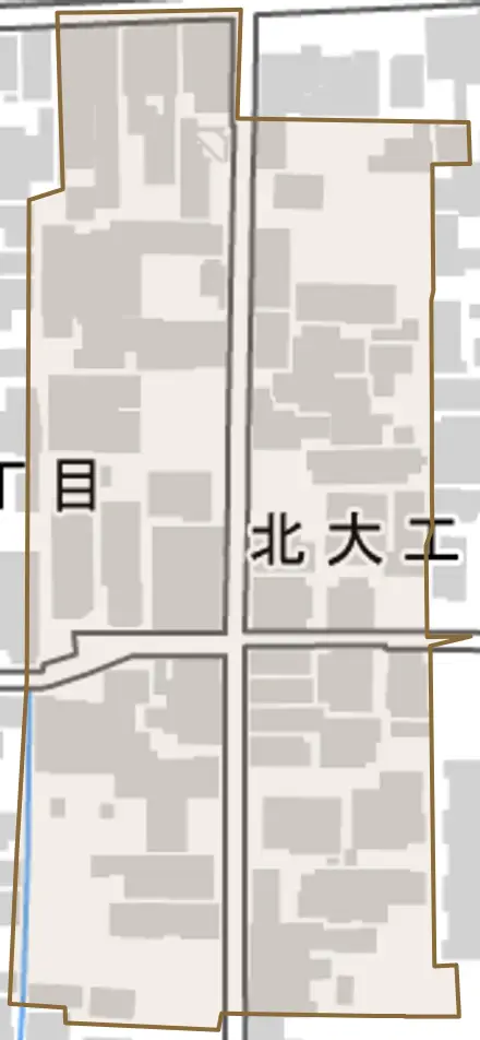北大工町とその周辺の地図。町の範囲を重ねている