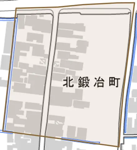 北鍛冶町とその周辺の地図。町の範囲を重ねている