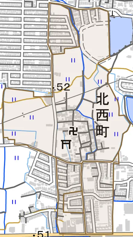 北西町とその周辺の地図。町の範囲を重ねている