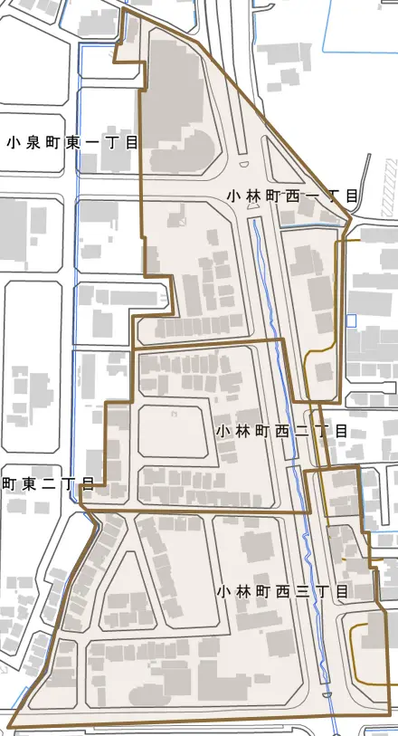 小林町西とその周辺の地図。町の範囲を重ねている