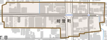 紺屋町とその周辺の地図。町の範囲を重ねている