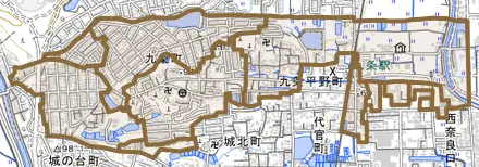 九条町とその周辺の地図。町の範囲を重ねている