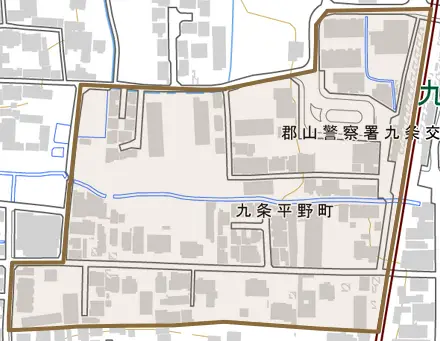 九条平野町とその周辺の地図。町の範囲を重ねている
