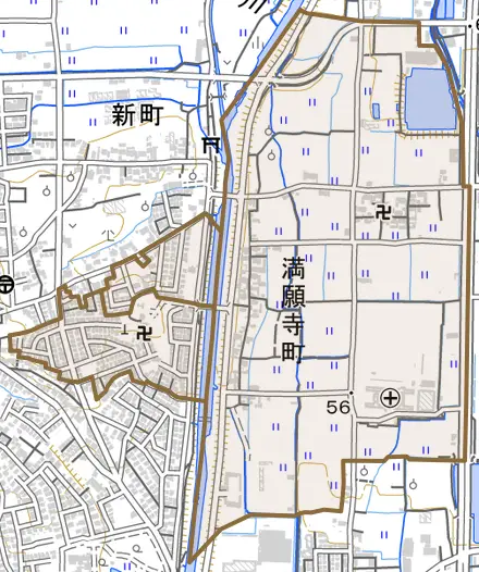 満願寺町とその周辺の地図。町の範囲を重ねている