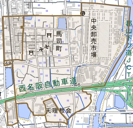 馬司町とその周辺の地図。町の範囲を重ねている