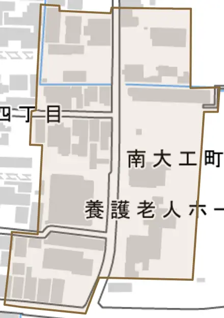 南大工町とその周辺の地図。町の範囲を重ねている