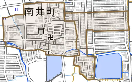 南井町とその周辺の地図。町の範囲を重ねている