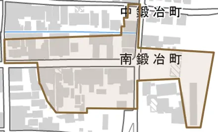 南鍛冶町とその周辺の地図。町の範囲を重ねている