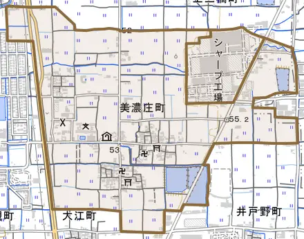 美濃庄町とその周辺の地図。町の範囲を重ねている