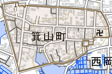 箕山町とその周辺の地図。町の範囲を重ねている