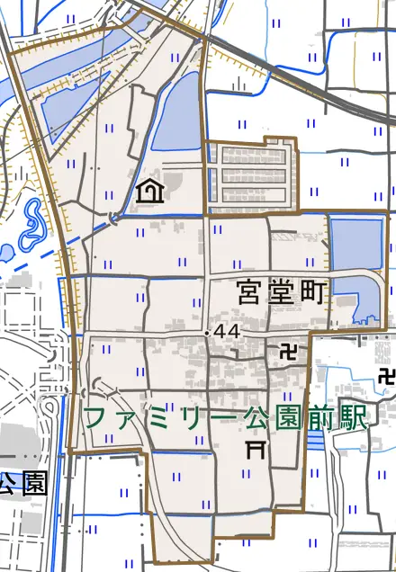 宮堂町とその周辺の地図。町の範囲を重ねている