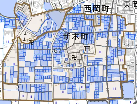 新木町とその周辺の地図。町の範囲を重ねている