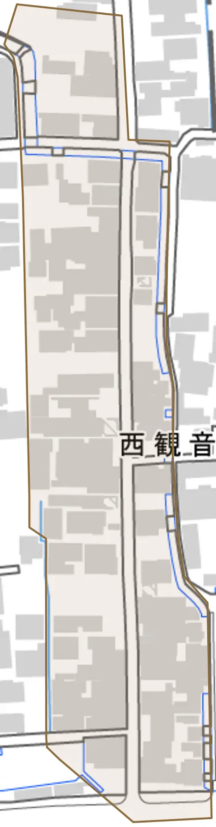 西観音寺町とその周辺の地図。町の範囲を重ねている
