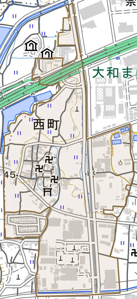 西町とその周辺の地図。町の範囲を重ねている