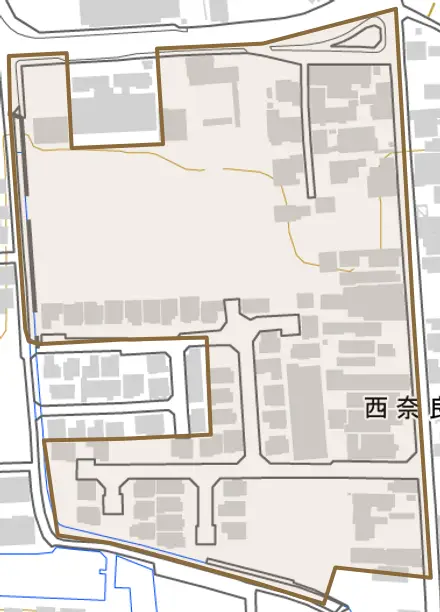 西奈良口町とその周辺の地図。町の範囲を重ねている