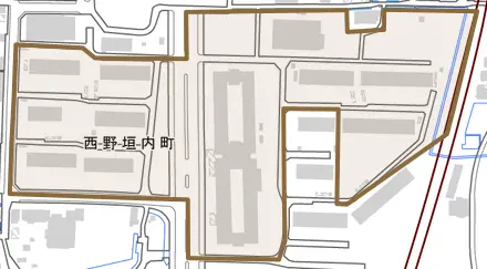 西野垣内町とその周辺の地図。町の範囲を重ねている