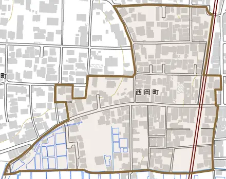 西岡町とその周辺の地図。町の範囲を重ねている
