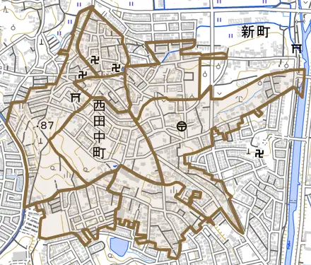 西田中町とその周辺の地図。町の範囲を重ねている
