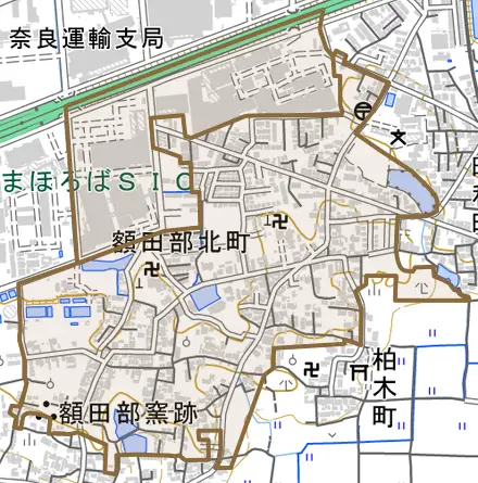 額田部北町とその周辺の地図。町の範囲を重ねている