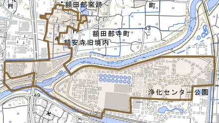 額田部南町とその周辺の地図。町の範囲を重ねている