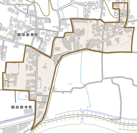 額田部寺町とその周辺の地図。町の範囲を重ねている