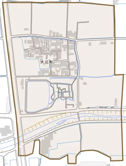 大江町とその周辺の地図。町の範囲を重ねている