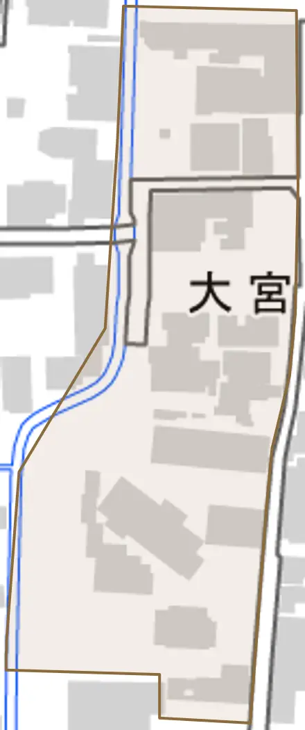 大宮町とその周辺の地図。町の範囲を重ねている