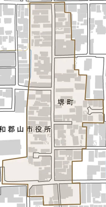 堺町とその周辺の地図。町の範囲を重ねている