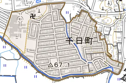 千日町とその周辺の地図。町の範囲を重ねている