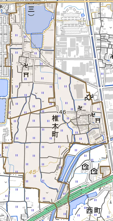 椎木町とその周辺の地図。町の範囲を重ねている