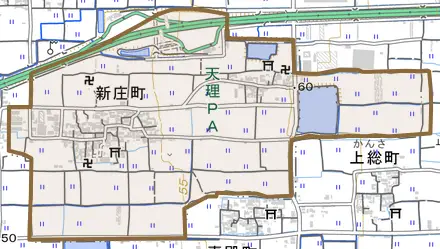 新庄町とその周辺の地図。町の範囲を重ねている