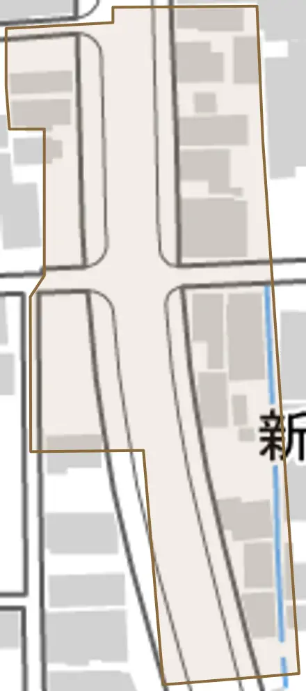 新紺屋町とその周辺の地図。町の範囲を重ねている