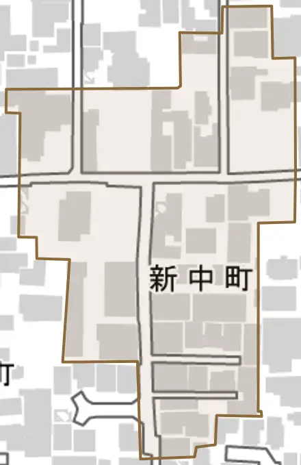 新中町とその周辺の地図。町の範囲を重ねている