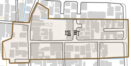 塩町とその周辺の地図。町の範囲を重ねている