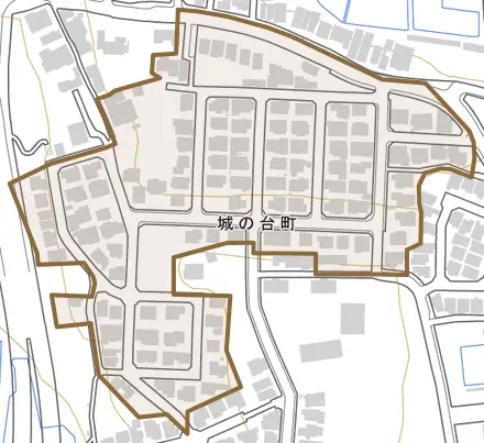 城の台町とその周辺の地図。町の範囲を重ねている