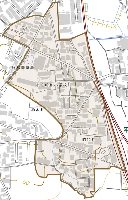 昭和町とその周辺の地図。町の範囲を重ねている