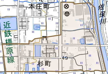 杉町とその周辺の地図。町の範囲を重ねている