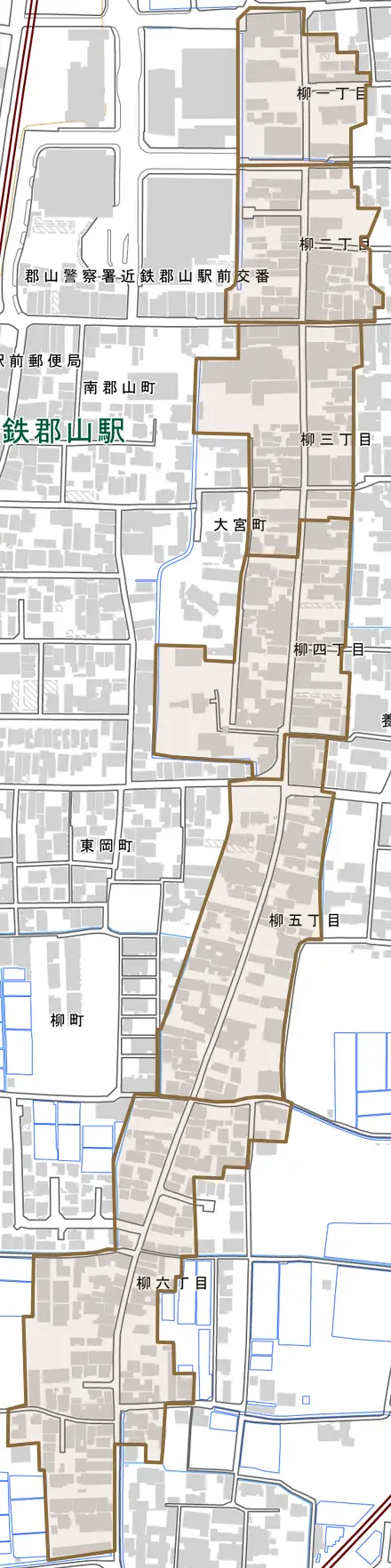 柳とその周辺の地図。町の範囲を重ねている