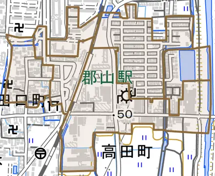 高田町とその周辺の地図。町の範囲を重ねている