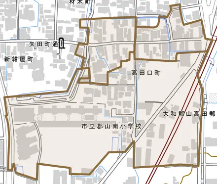 高田口町とその周辺の地図。町の範囲を重ねている