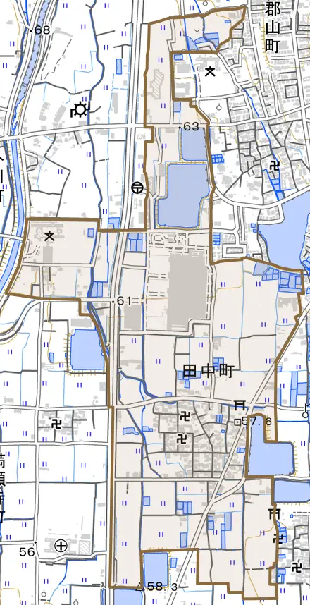 田中町とその周辺の地図。町の範囲を重ねている