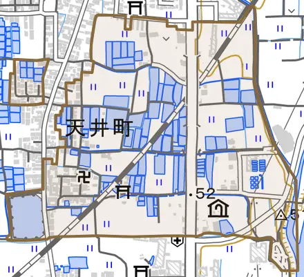 天井町とその周辺の地図。町の範囲を重ねている